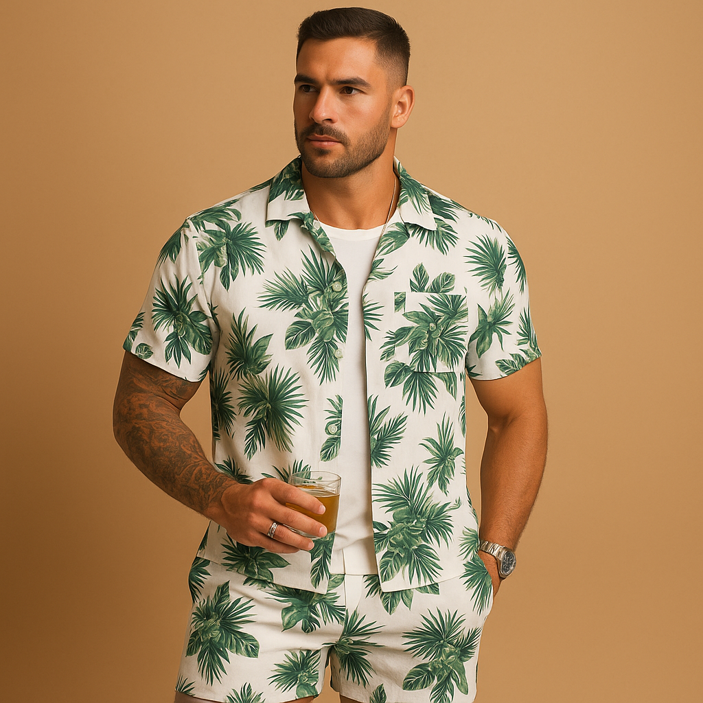 Men's Palm Print Short Sleeve Shirt and Shorts Set