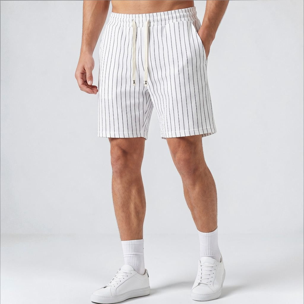 Men's pinstripe elastic waist beach shorts with drawstring