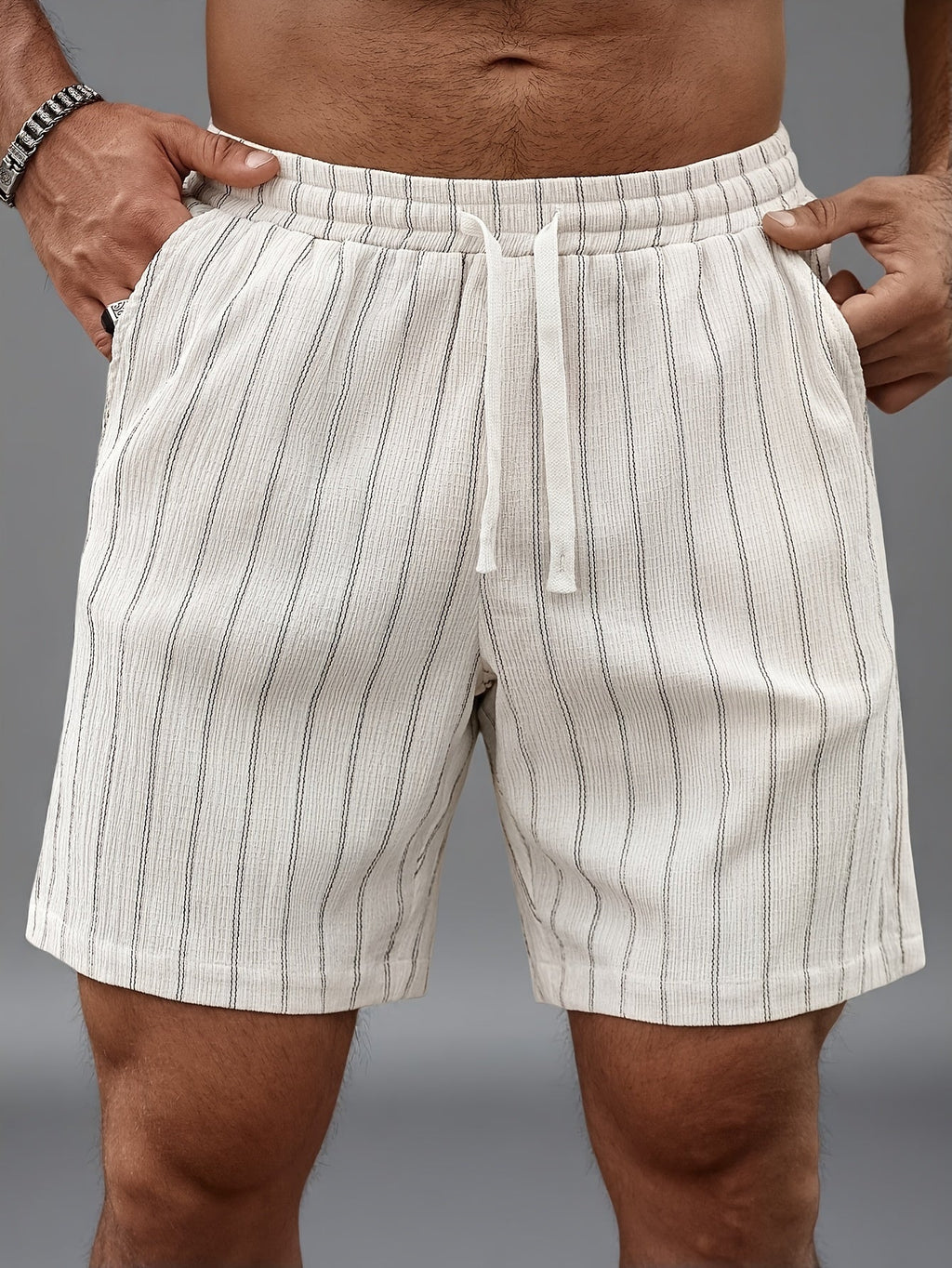 Men's Pinstripe Elastic Waist Beach Shorts