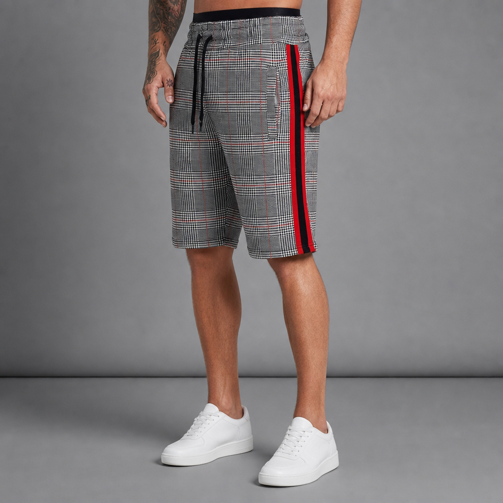 Men's plaid knee-length drawstring shorts with contrast side stripe