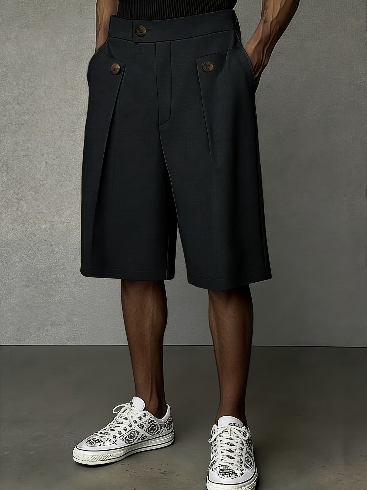 Men's Pleated Front Tailored Shorts with Button Closure