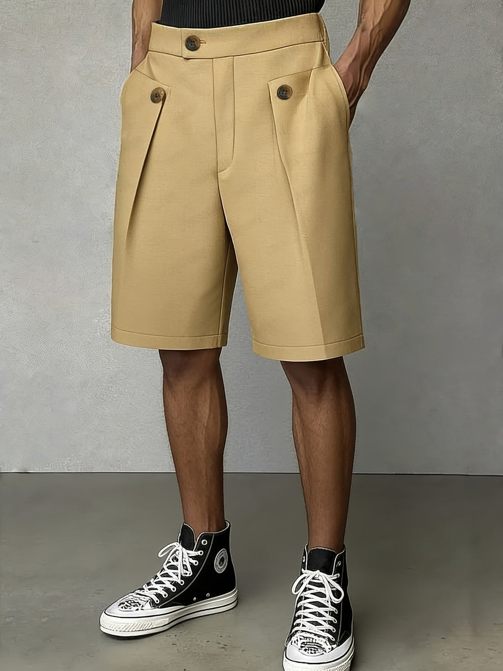 Men's Pleated Front Tailored Shorts with Button Closure