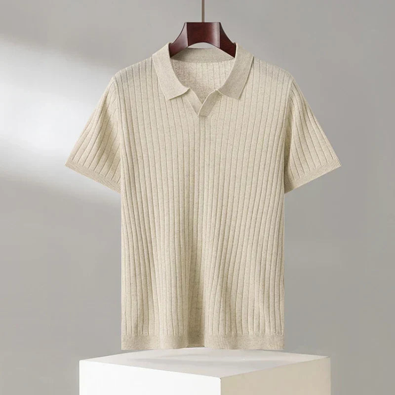 Men's ribbed knit open collar polo shirt