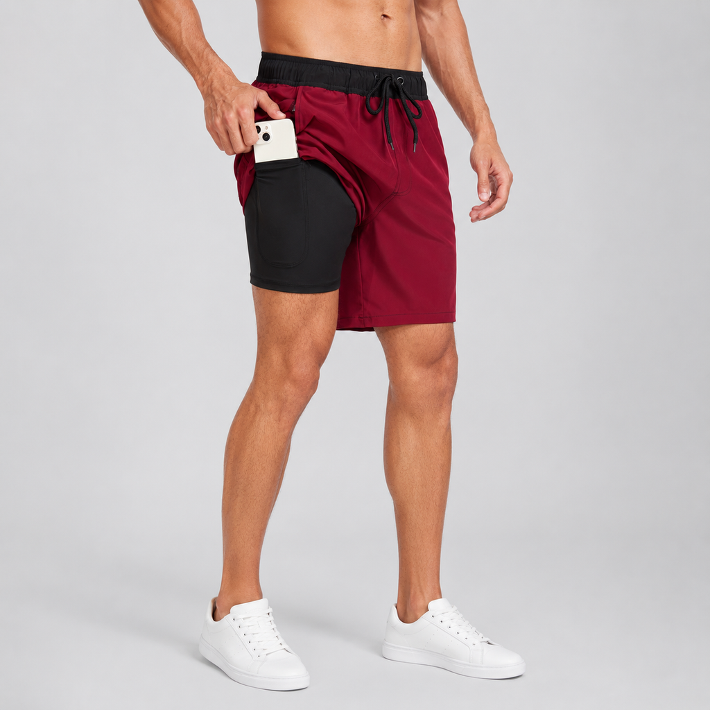 Men's solid colour swim shorts with compression liner