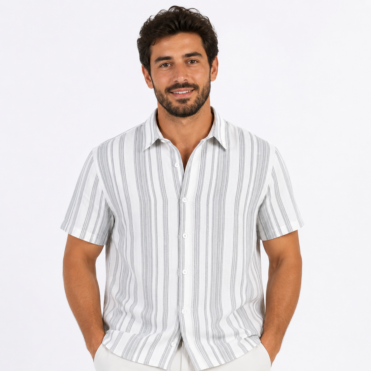 Men's striped linen-look short sleeve shirt with button front