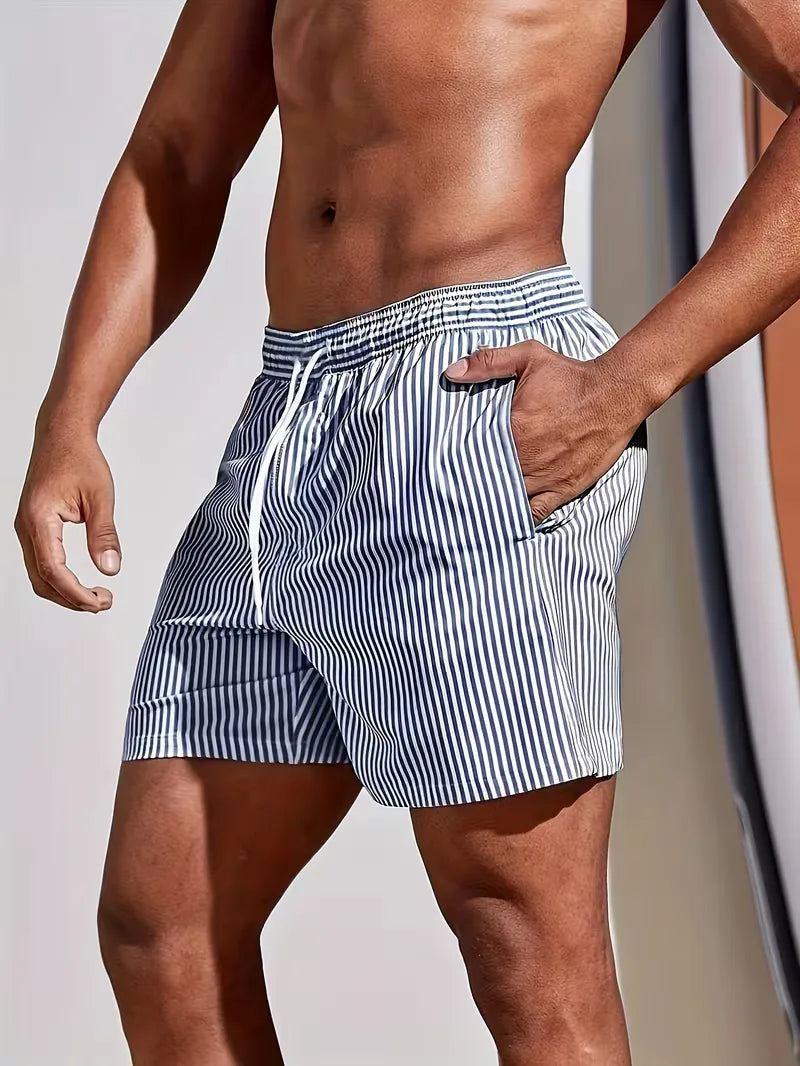 Men's striped mid-length swim shorts with drawstring