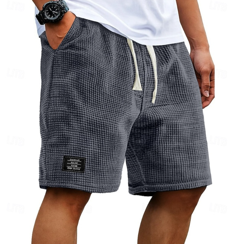 Men's above-knee waffle texture shorts with contrast drawstring