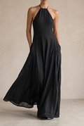 Women's black linen-look halter maxi dress with tie neck