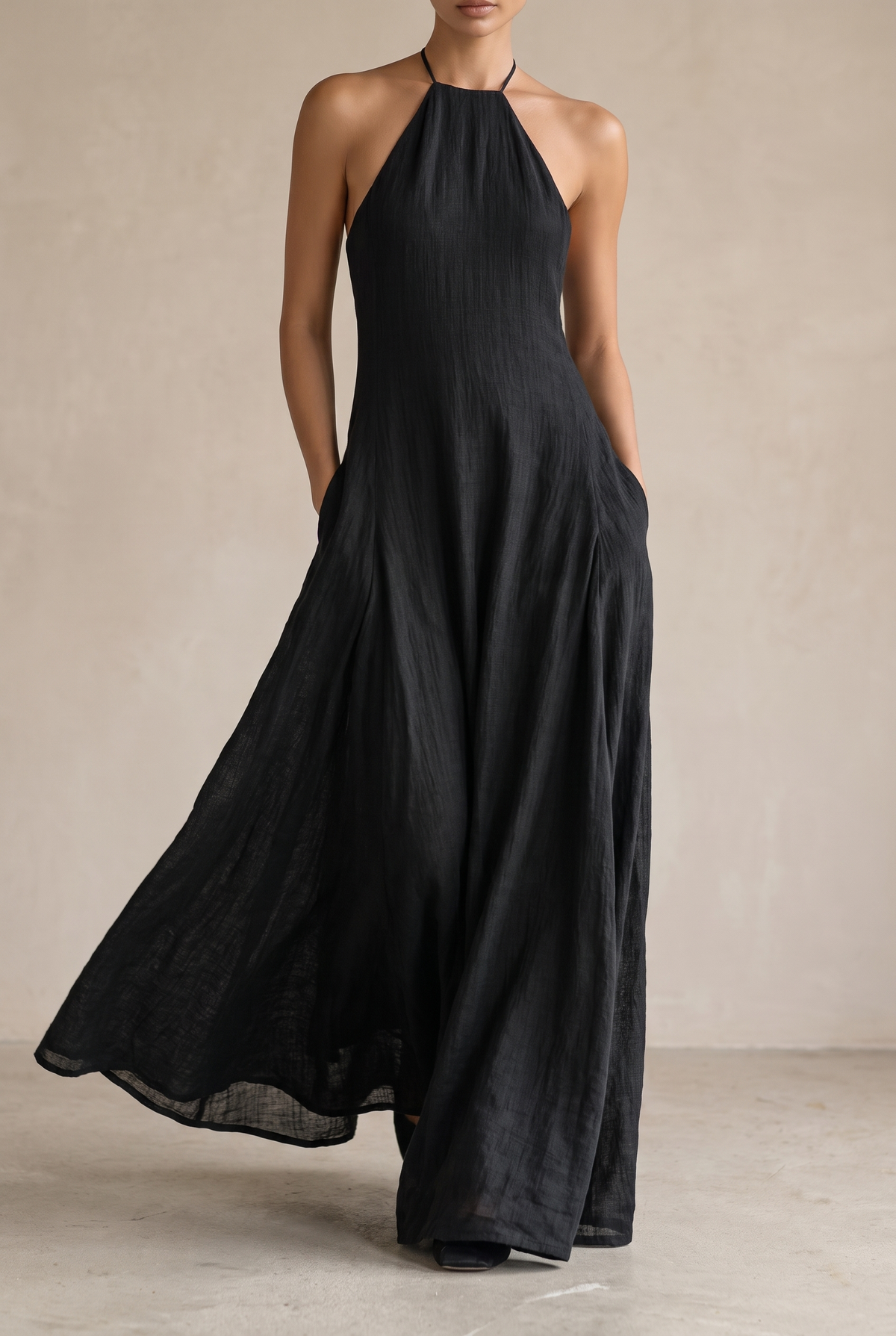 Women's black linen-look halter maxi dress with tie neck