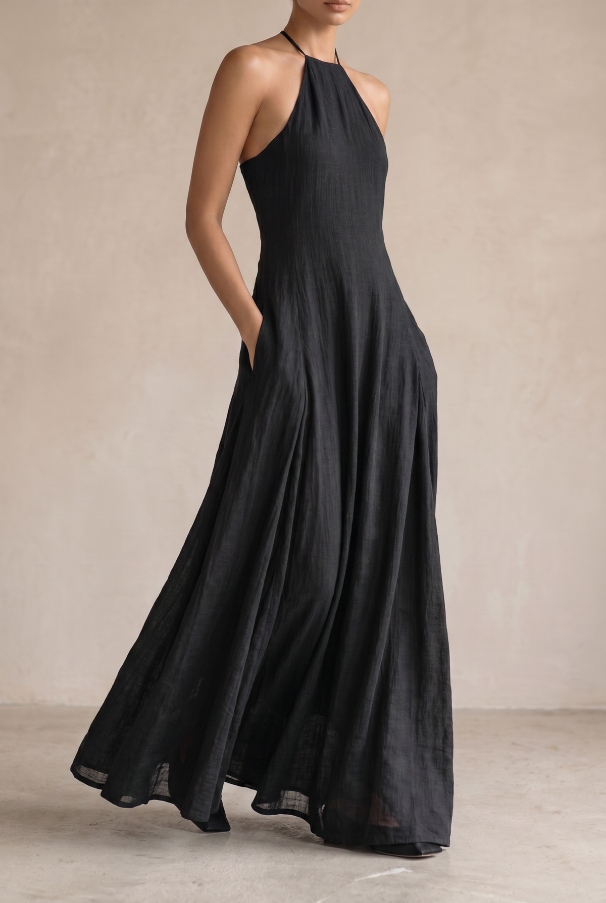 Women's black linen-look halter maxi dress – alternate view