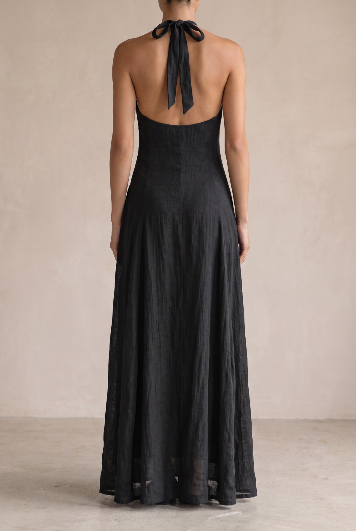 Women's black linen-look halter maxi dress – alternate view