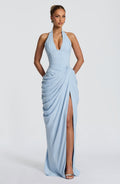Women's blue plunge halter maxi dress with corset bodice and thigh split