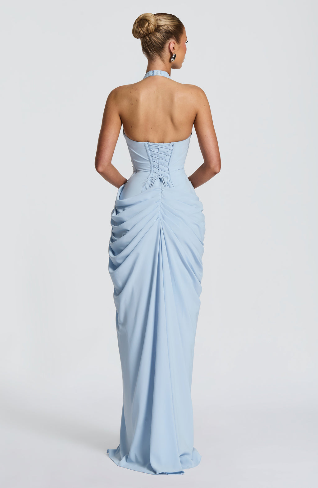 Blue plunge halter corset maxi dress – alternate view