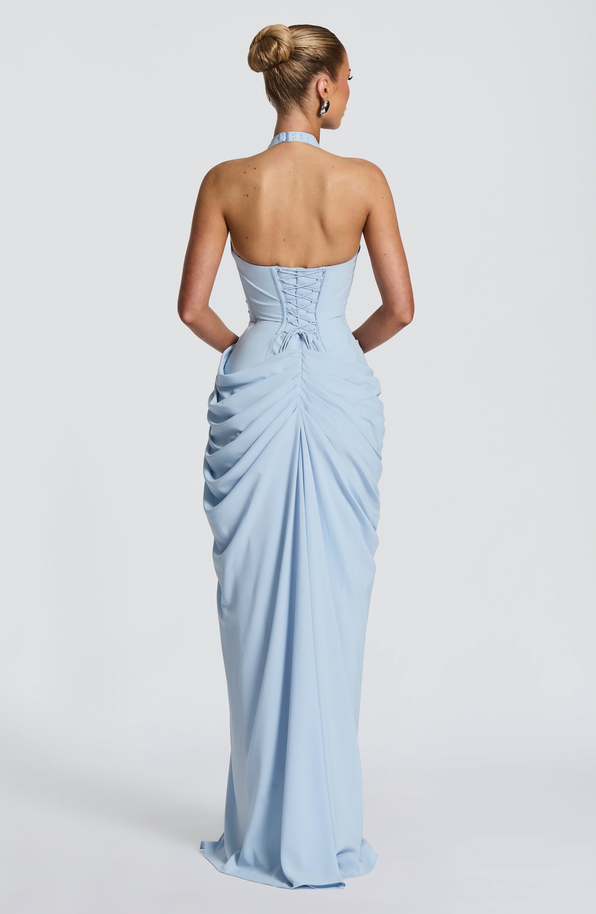 Blue plunge halter corset maxi dress – alternate view