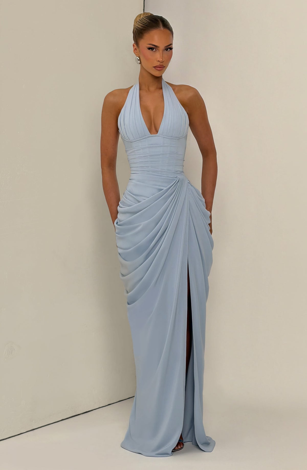 Women's Blue Plunge Halter Corset Maxi Dress