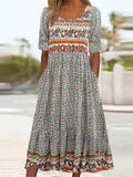 Women's boho floral midi dress with square neckline and tiered skirt