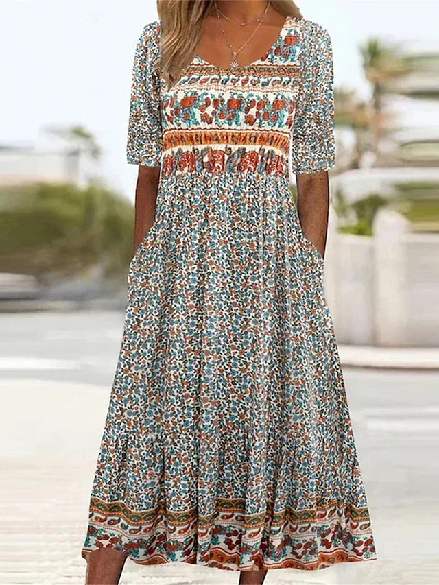 Women's boho floral midi dress with square neckline and tiered skirt