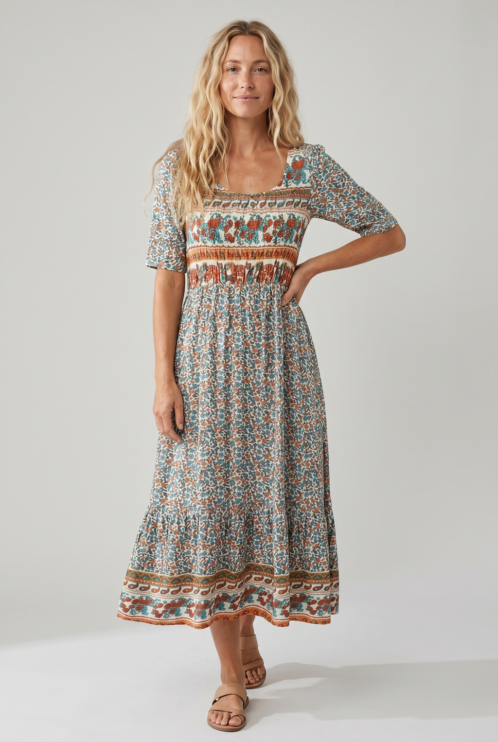 Boho floral tiered midi dress – print option