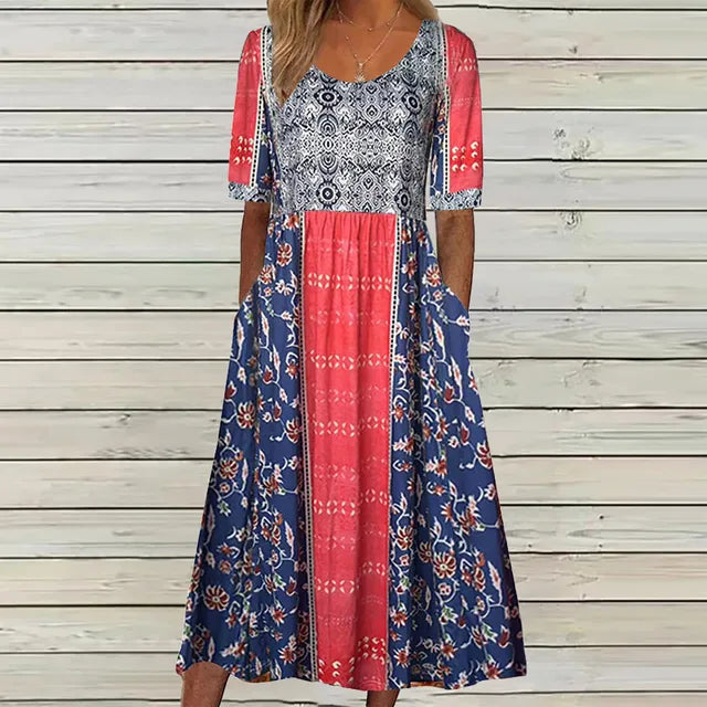 Women's Boho Floral Tiered Midi Dress — Square Neck