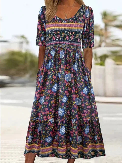 Women's Boho Floral Tiered Midi Dress — Square Neck