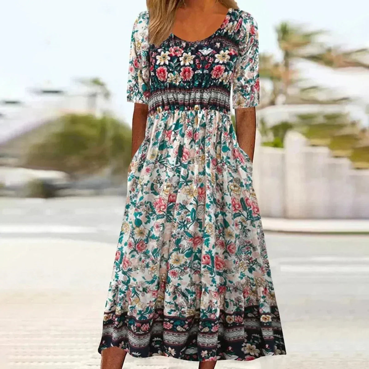 Women's Boho Floral Tiered Midi Dress — Square Neck