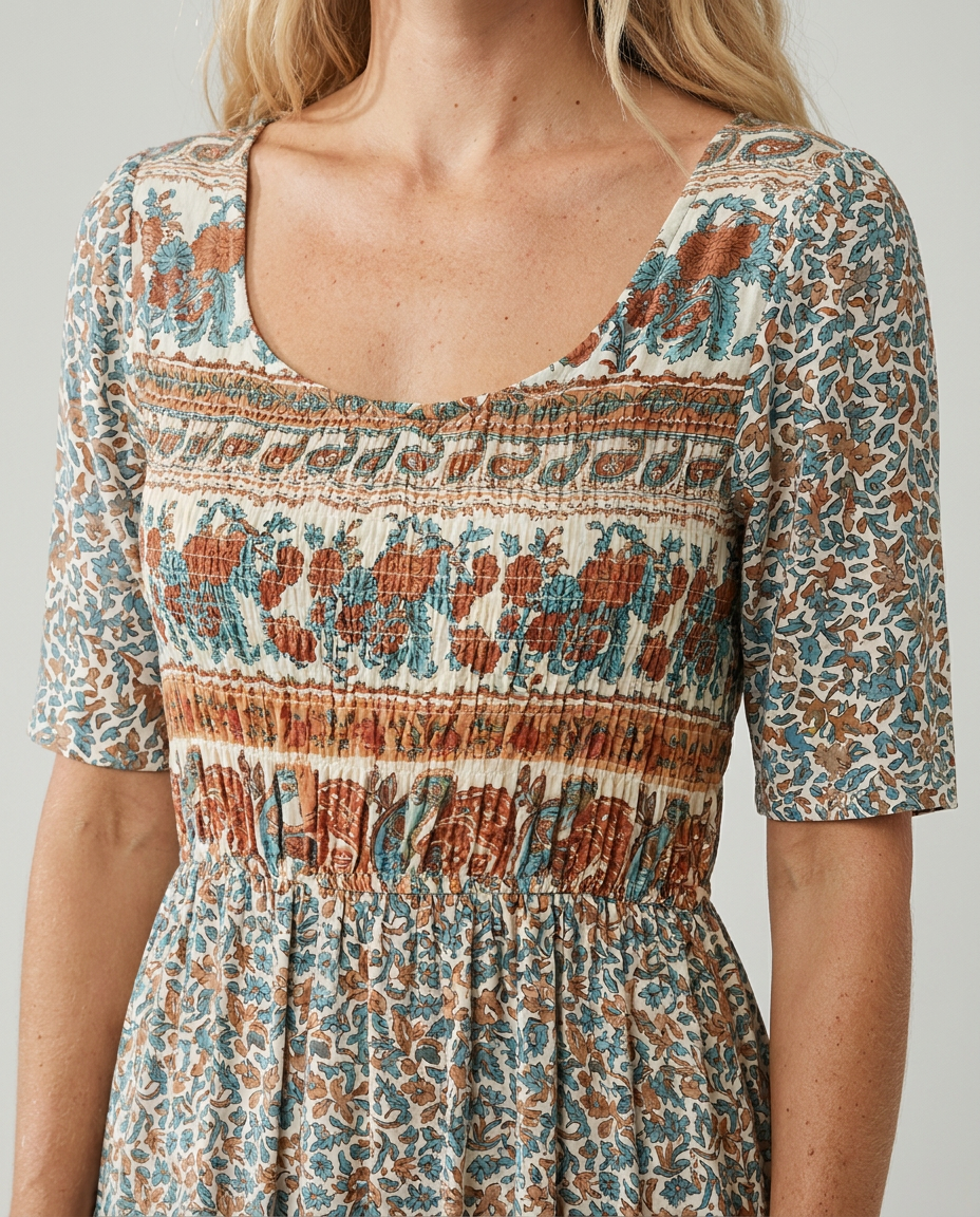 Women's Boho Floral Tiered Midi Dress — Square Neck