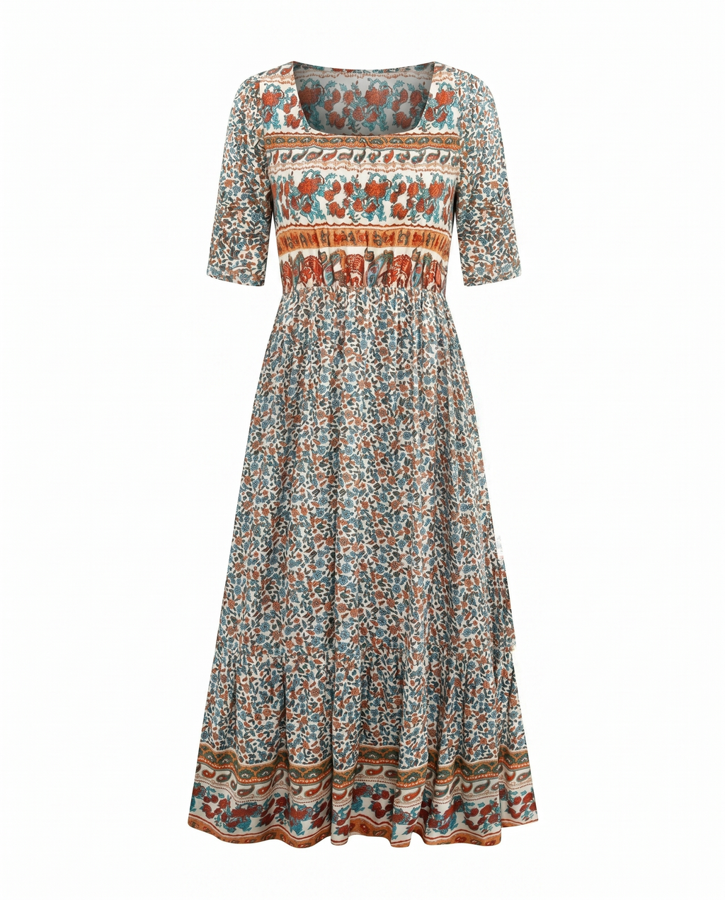 Women's Boho Floral Tiered Midi Dress — Square Neck