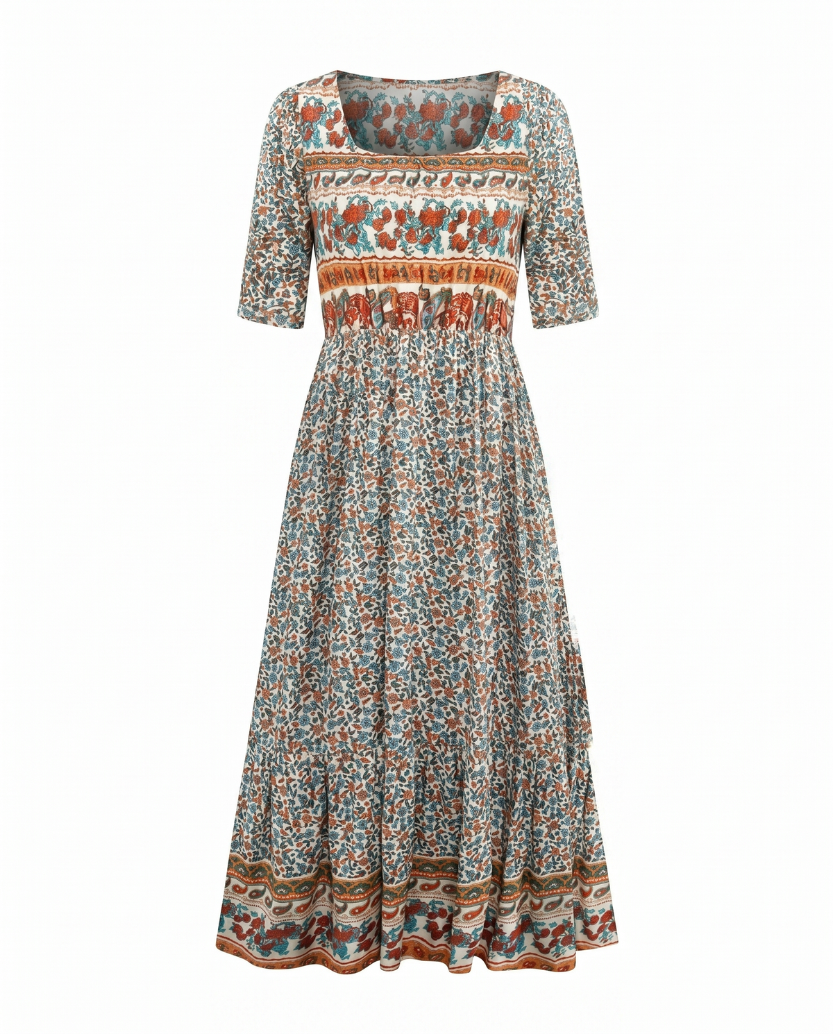 Women's Boho Floral Tiered Midi Dress — Square Neck