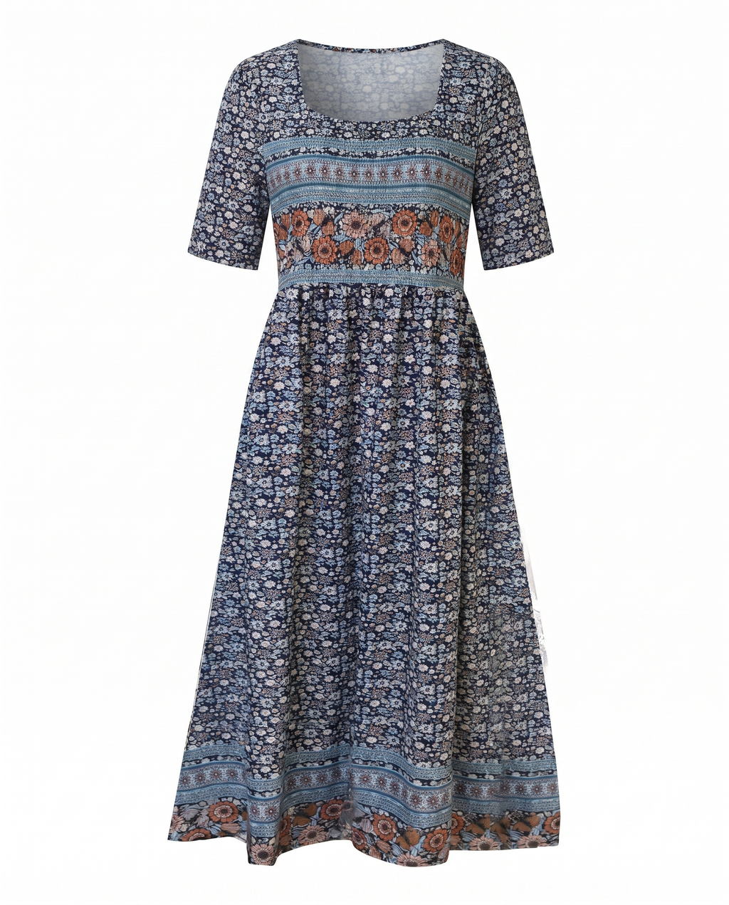 Women's Boho Floral Tiered Midi Dress — Square Neck