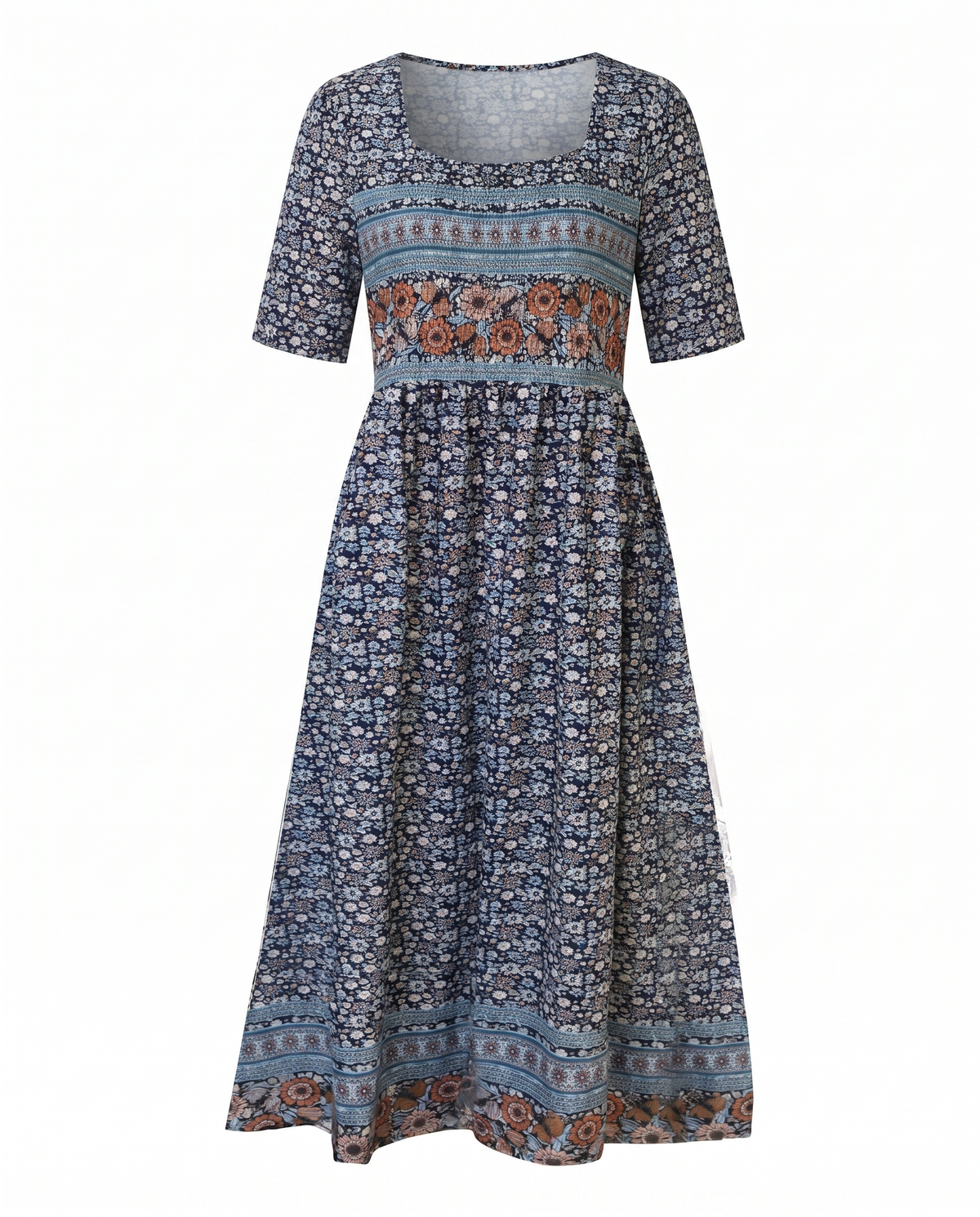 Women's Boho Floral Tiered Midi Dress — Square Neck