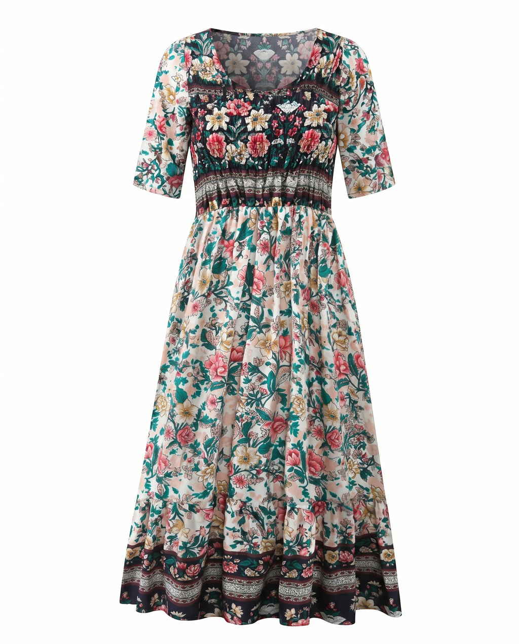 Women's Boho Floral Tiered Midi Dress — Square Neck