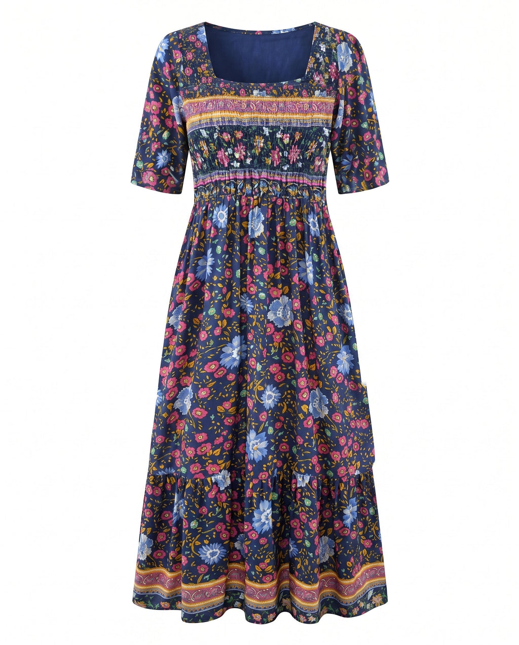 Women's Boho Floral Tiered Midi Dress — Square Neck