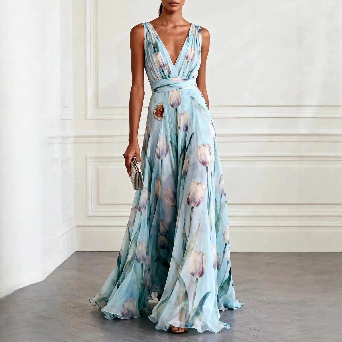 Women's sleeveless chiffon wrap maxi dress with deep V-neck