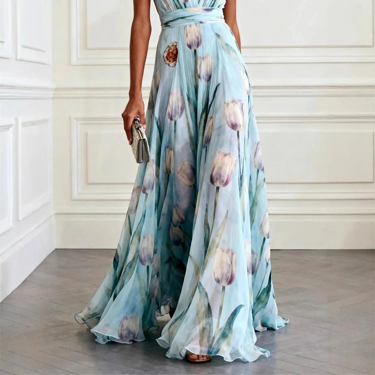 Women's sleeveless chiffon wrap maxi dress with deep V-neck – view 2