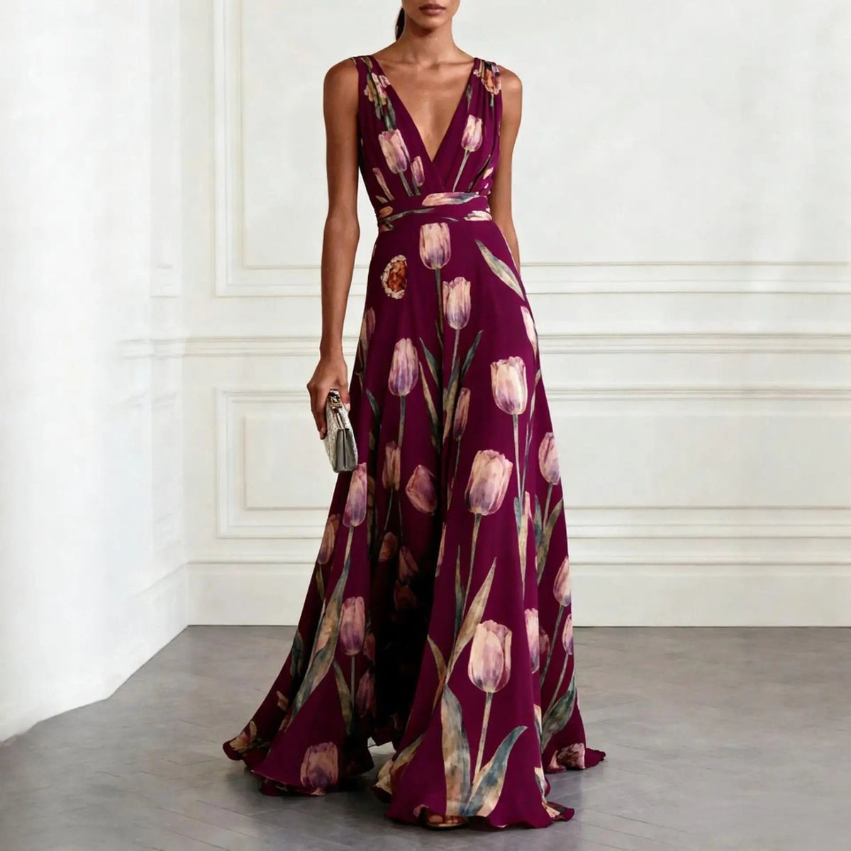 Women's sleeveless chiffon wrap maxi dress with deep V-neck – view 4