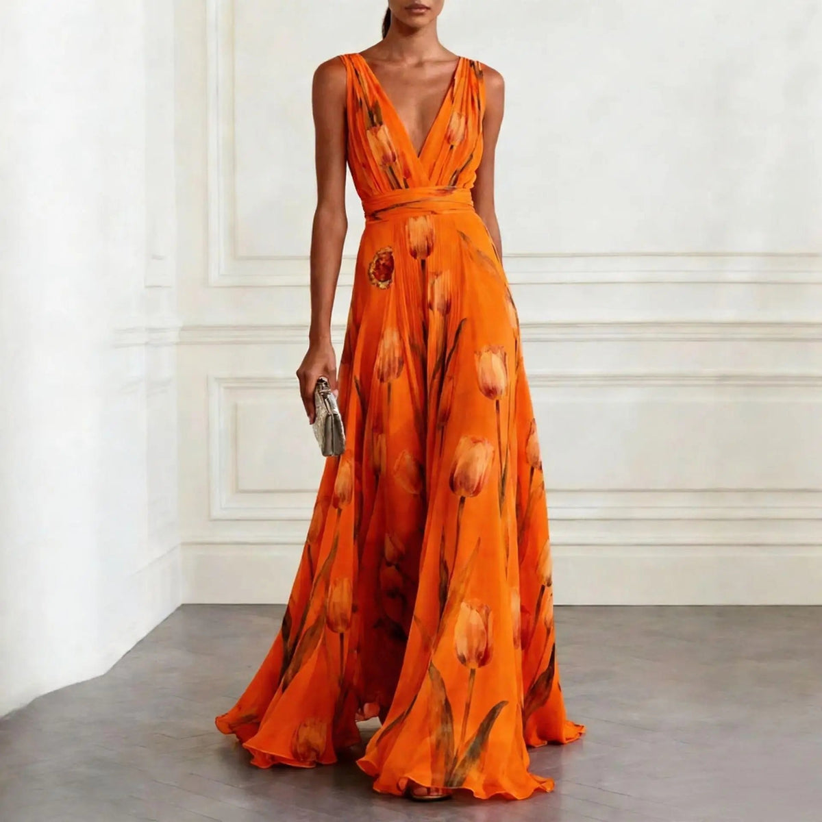 Women's sleeveless chiffon wrap maxi dress with deep V-neck – view 5