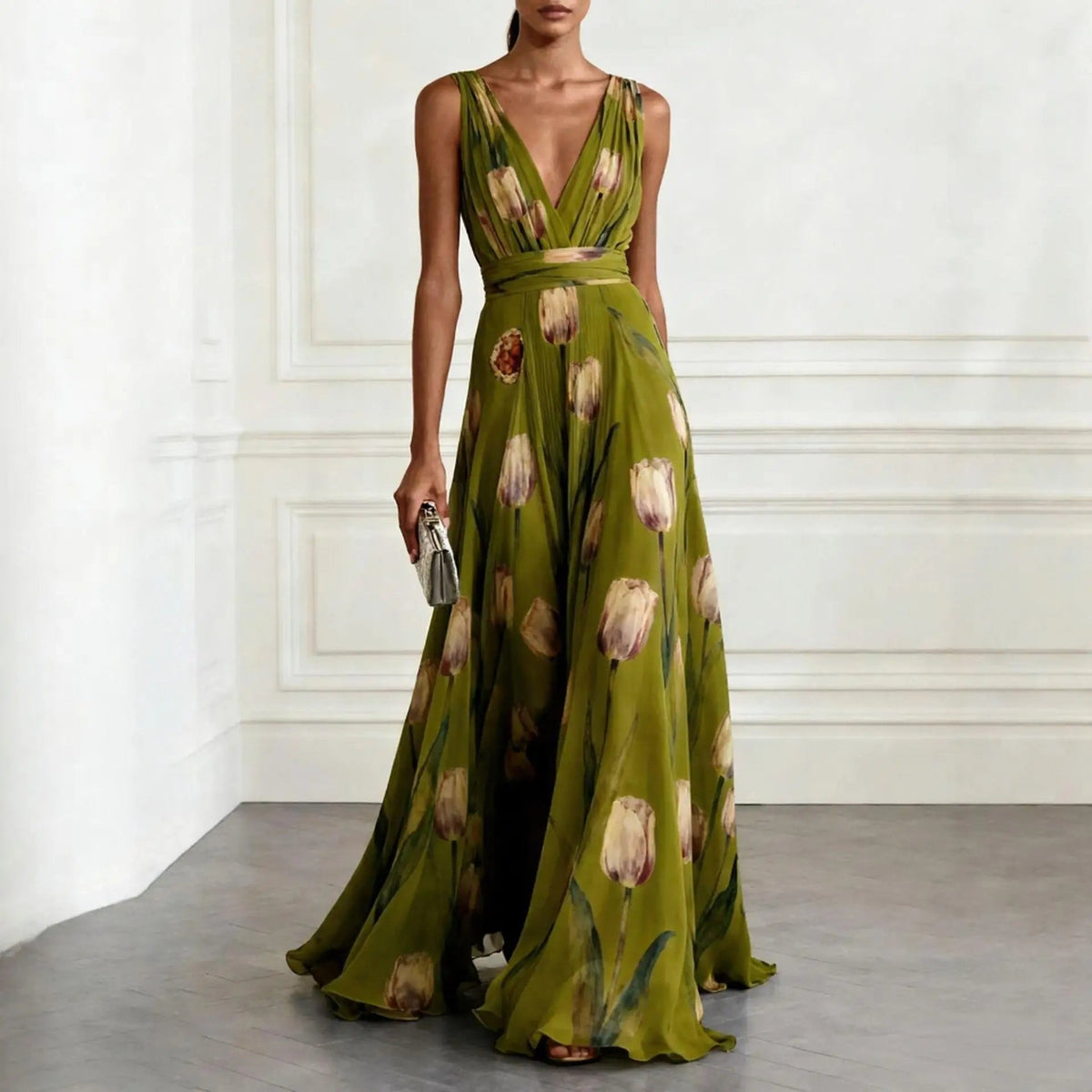 Women's sleeveless chiffon wrap maxi dress with deep V-neck – view 6