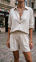 Women's collared button-front blouse and pleated shorts set
