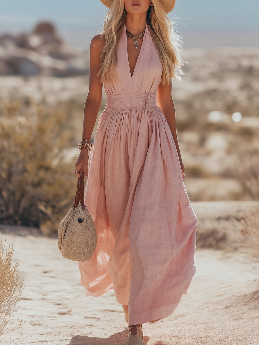 Women's cotton-linen blend halter maxi dress with pleated skirt