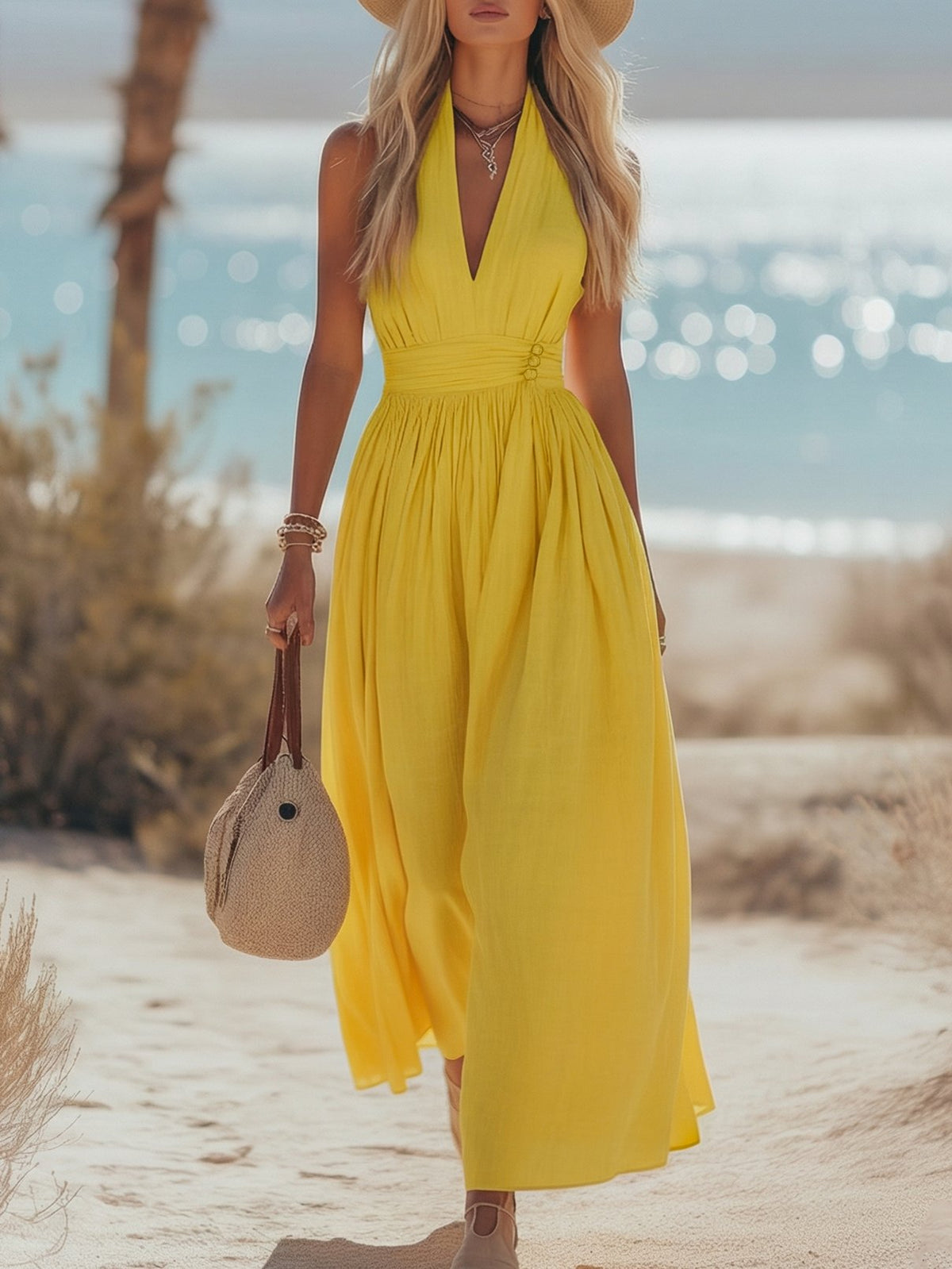 Cotton-linen halter maxi dress – alternate view