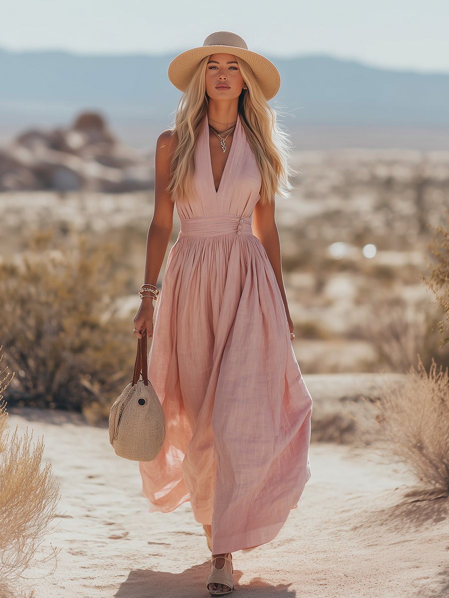 Cotton-linen halter maxi dress – detail view