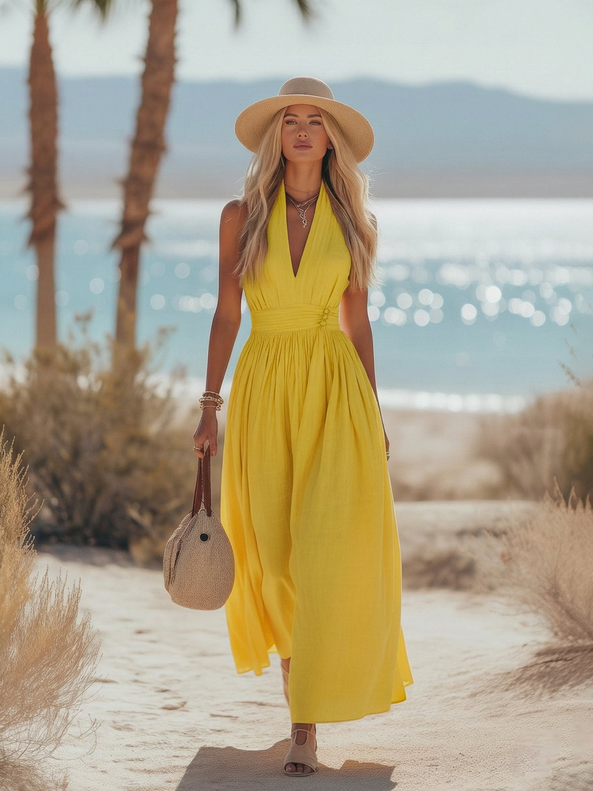Cotton-linen halter maxi dress – detail view