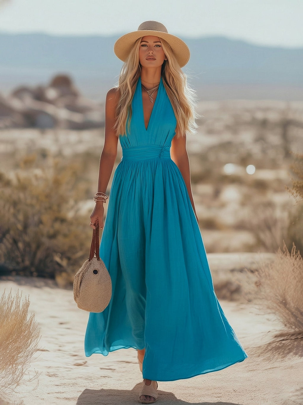 Women's Cotton-Linen Blend Halter Maxi Dress