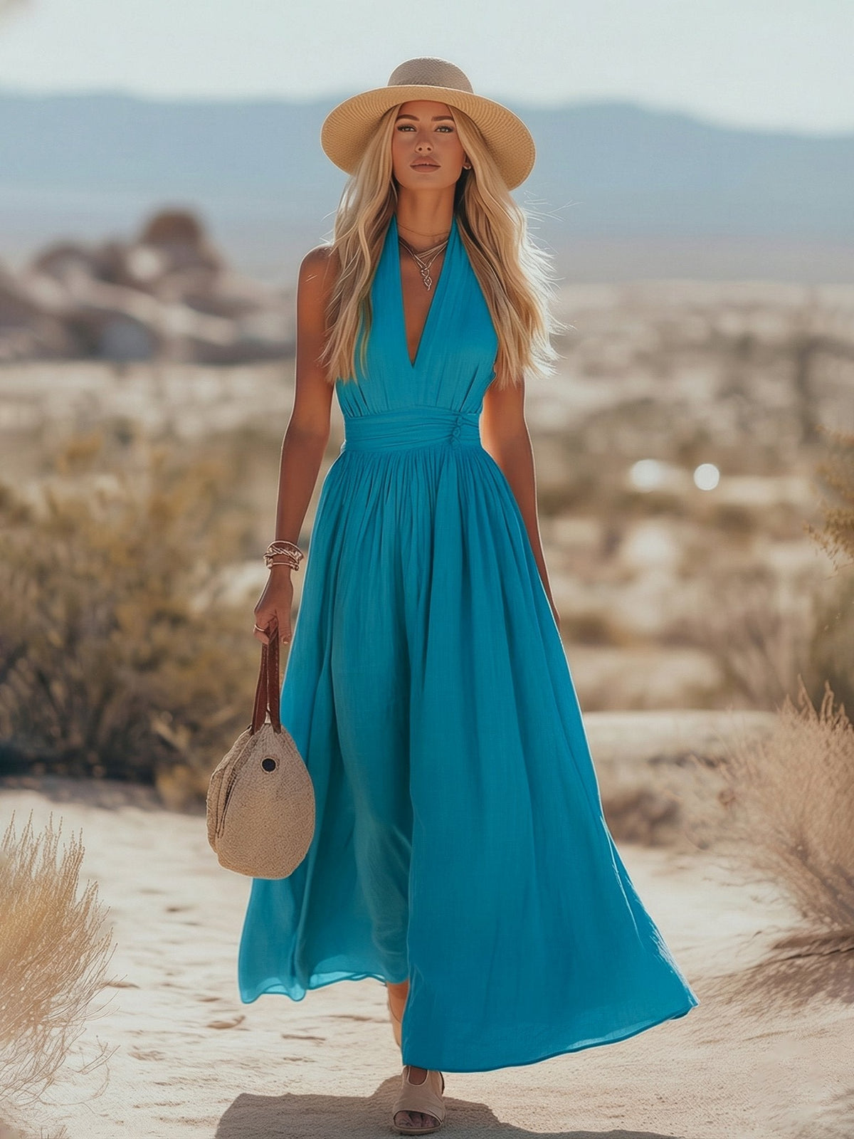 Women's Cotton-Linen Blend Halter Maxi Dress