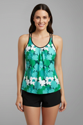 Women's printed V-neck tankini with criss-cross straps and swim shorts