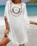 Women's crochet beach cover-up with mandala neckline panel and tassel trim