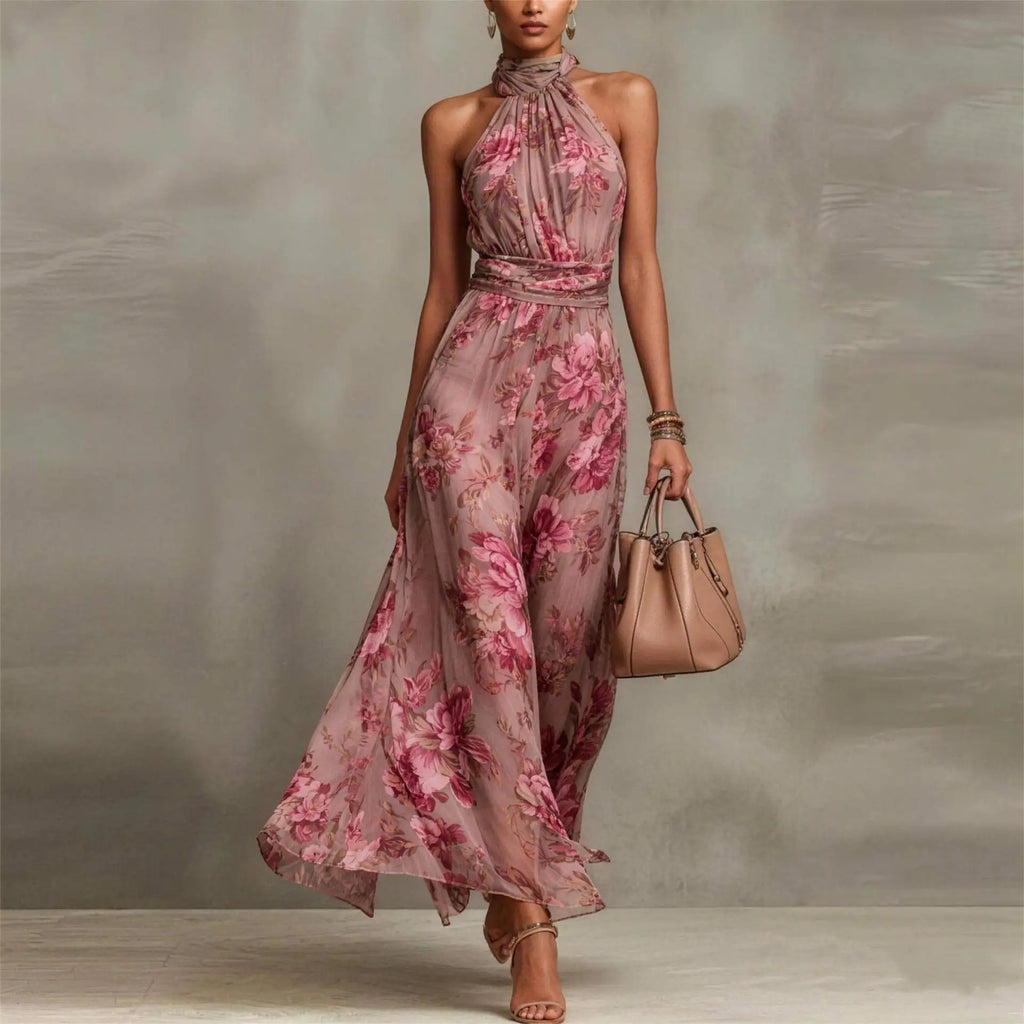 Women's floral halter neck maxi dress with ruched waist