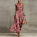 Women's floral halter neck maxi dress with ruched waist