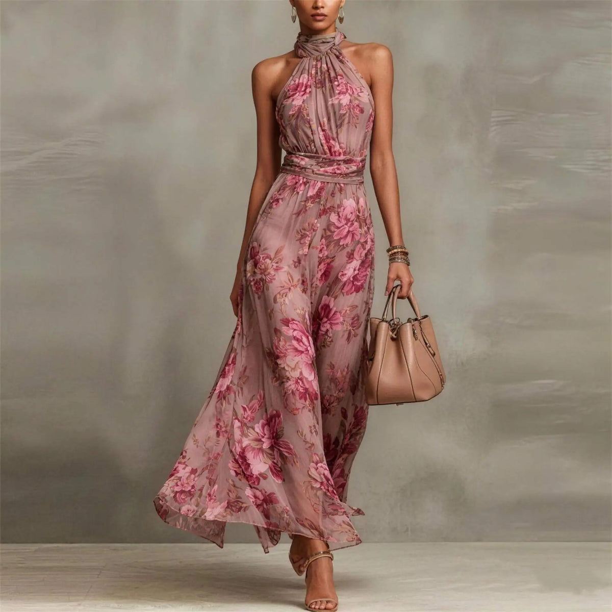 Women's floral halter neck maxi dress with ruched waist