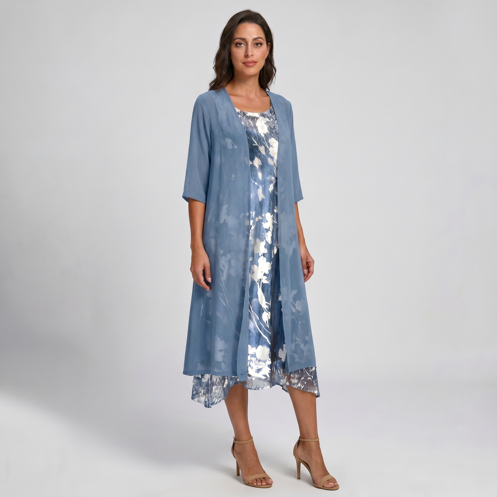 Floral slip midi dress and duster set – lace hem detail
